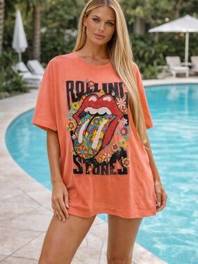 Rolling Stones Graphic Tee XL Oversized Band Shirt Boho Beach Cover Up Soft